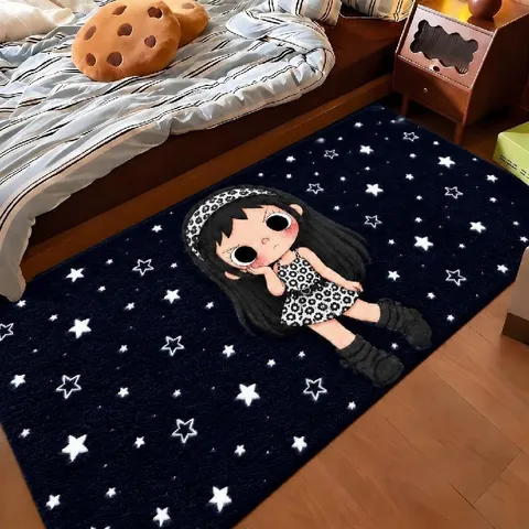 Soft Faux Cashmere Cartoon Area Rug Bedside Runner Cute Girl Leopard Print Starry Night Pattern Digital Printed Rectangle Floor Mat For Bedroom