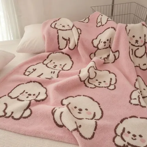 Couverture en Flanelle Chien Bichon Dessin Animé Mignon Châle de Sieste en Polyester Douce pour Bureau Chambre Dortoir Couverture de Voyage