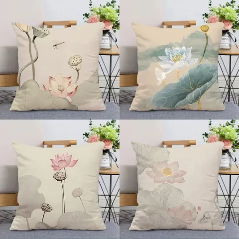 Nieuwe Chinese Stijl Zen Lotus Sierkussen Inkt Schilderen Botanisch Patroon Vierkant Pluche Kussen Voor Huis Kantoor Bank Decor