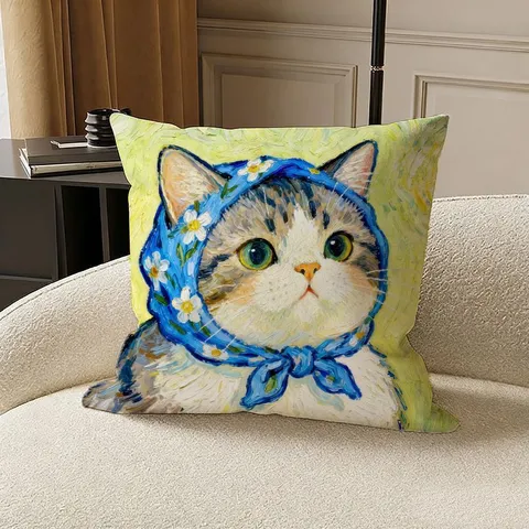 Van Gogh Stil Ölgemälde Katze Dekokissen Quadratisch Süße Kätzchen Druck Kissenbezug Für Sofa Bett Seite Home Decor Weiche Plüsch Kissenhülle