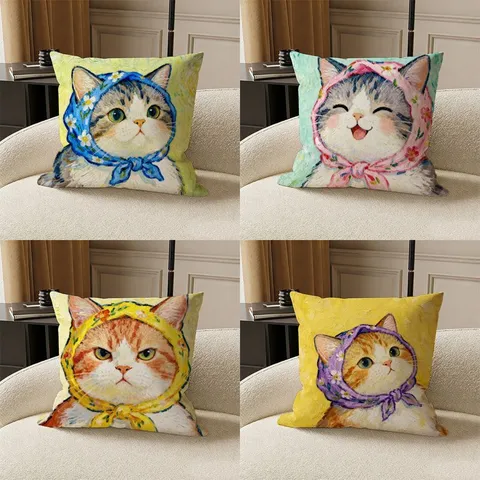 Van Gogh Stil Ölgemälde Katze Dekokissen Quadratisch Süße Kätzchen Druck Kissenbezug Für Sofa Bett Seite Home Decor Weiche Plüsch Kissenhülle