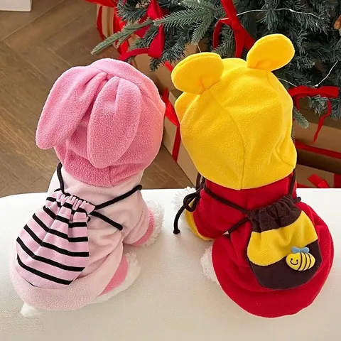 Warm Fleece Pet Clothes Adorable Bunny Bee Design Hooded Dog Sweater For Small Dogs Cats Puppy Kitten Soft Winter Pet Apparel