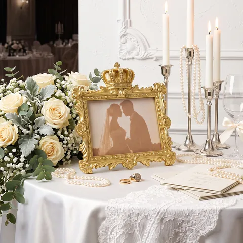 Marco de Fotos de Resina de Corona Dorada Vintage Europeo Rectángulo Mesa de Boda Marco de Cuadro Decoración Hogar Estilo Barroco