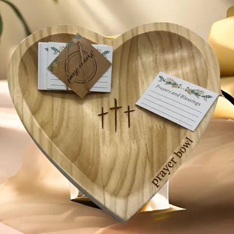 Heart Wooden Prayer Bowl Featuring Engraved Cross Design Includes Prayer Cards And Gift Box For Home Decoration