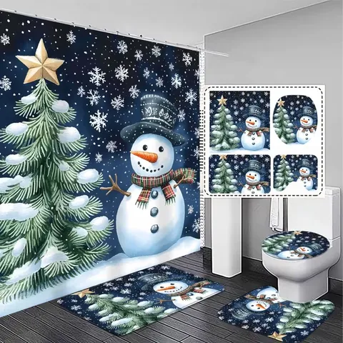 Weihnachten Schneemann Wichtel Druck Badezimmer Duschvorhang Mit Matten Toilettendeckelabdeckung Und U-Förmigem Teppich Wasserdichte Polyester Baddekorationen