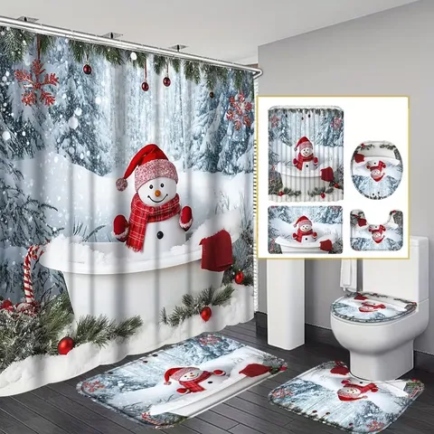 Weihnachten Schneemann Wichtel Druck Badezimmer Duschvorhang Mit Matten Toilettendeckelabdeckung Und U-Förmigem Teppich Wasserdichte Polyester Baddekorationen