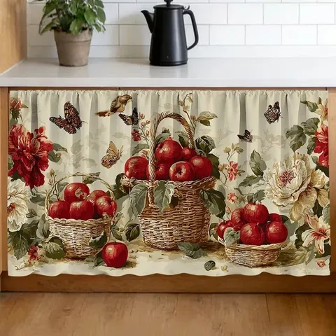 Rideau d'Armoire Imprimé Style Pastoral pour Évier de Cuisine Polyester Couverture Décorative Antipoussière Motif Fruits Floral Animaux