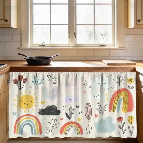 Pastoral Cartoon Printed Kitchen Cabinet Curtain Vintage Floral Animal Pattern Polyester Fabric For Bathroom Counter Dust Cover