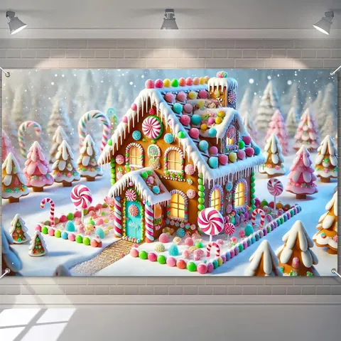 Cartoon Weihnachten Lebkuchenhaus Hintergrundtuch Polyester Süßigkeiten Haus Banner Für Party Fotografie Requisite Festliche Dekor
