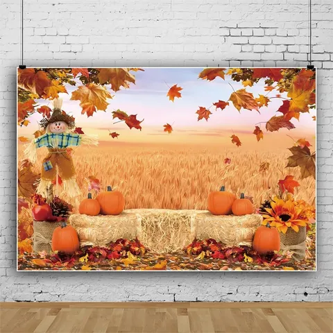 Thanksgiving Autumn Harvest Photography Backdrop Scarecrow Pumpkin Sunflower Maple Leaf Party Decoration Banner Photo Prop