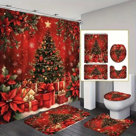 Weihnachts Badezimmer Duschvorhang Set Polyester Wasserdicht Bedruckte Badematte Toilettendeckelabdeckung Für Feiertag Haus Dekoration