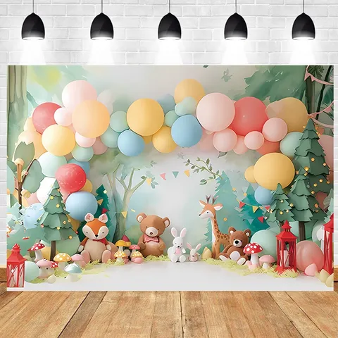 Birthday Photography Backdrop Pongee Polyester Floral Balloon Printed Banner For Party Celebration Event Photo Props Decoration