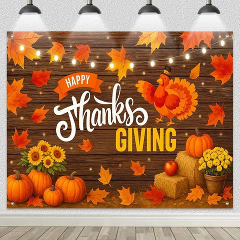 Thanksgiving Autumn Harvest Photography Backdrop Scarecrow Pumpkin Sunflower Maple Leaf Party Decoration Banner Photo Prop