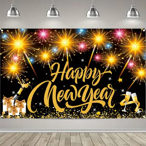 Happy New Year 2027 Party Backdrop Cloth Black Gold Fireworks Balloon Pattern New Year's Eve Celebration Photo Background Banner Tapestry Party Decoration