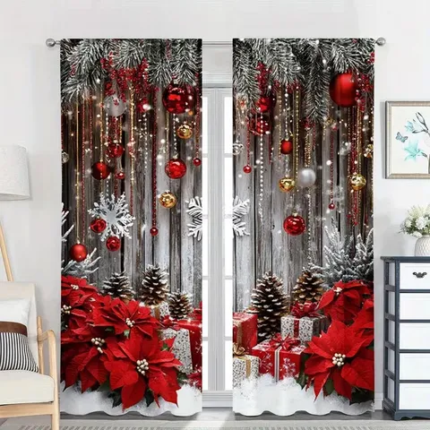 Christmas Theme Digital Print Curtains Polyester Pine Tree Snowflake Pattern Blackout Holiday Party Decor Rod Pocket Window Drapes