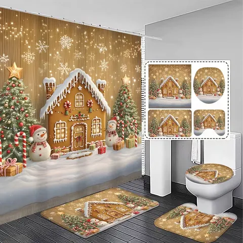 Weihnachts Badezimmer Duschvorhang Set Polyester Wasserdicht Bedruckte Badematte Toilettendeckelabdeckung Für Feiertag Haus Dekoration