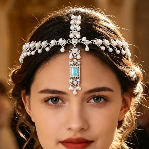 Chaîne de Front en Perles Artificielles Rétro Style Ethnique Exotique Coiffe en Strass Bijoux de Tête Mariée Mariage Femme