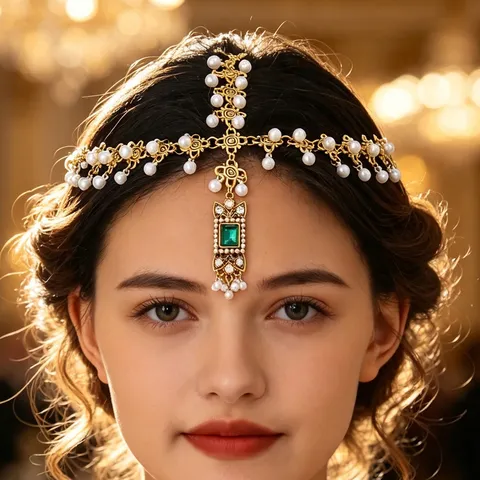 Chaîne de Front en Perles Artificielles Rétro Style Ethnique Exotique Coiffe en Strass Bijoux de Tête Mariée Mariage Femme