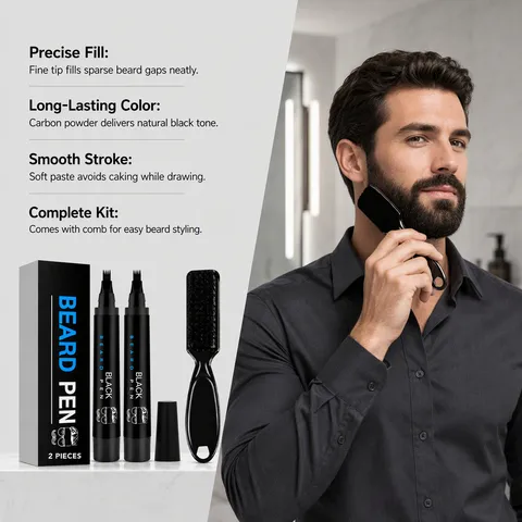 Set Penna per Barba Nera per Uomo Penna Riempitiva per Barba Impermeabile Con Pennello Kit per la Cura della Barba