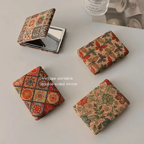 Miroir de Maquillage Portable Vintage Miroir de Poche Compact Pliable Double Face Texture Grain de Bois pour Femmes Miroir de Bureau Floral