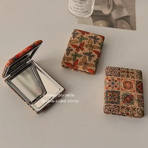 Miroir de Maquillage Portable Vintage Miroir de Poche Compact Pliable Double Face Texture Grain de Bois pour Femmes Miroir de Bureau Floral