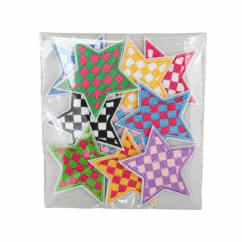 Star Checkerboard Embroidered Patches For Clothing DIY Iron On Badges Star Shaped Checkerboard Pattern Decorative Applique For Clothes