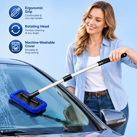 Car Windshield Cleaning Tool Set Extendable Handle Window Cleaning Brush Rotating Head Automotive Glass Washer Kit With 6 Microfiber Pads Spray Bottle