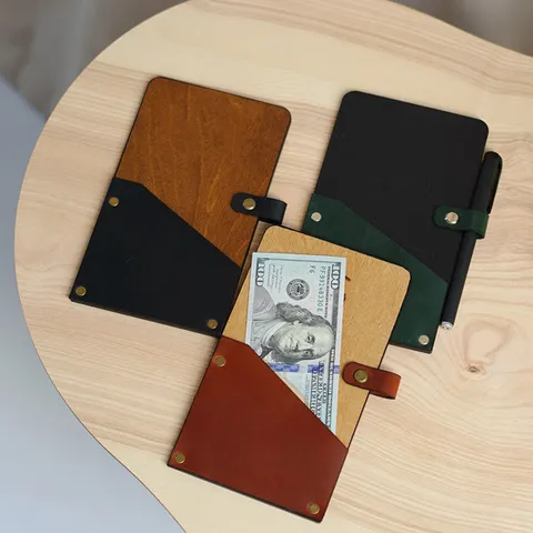 Vintage PU Leather Bill Holder Guest Check Presenter For Restaurant Cafe Wooden Style Menu Folder Snap Button Organizer