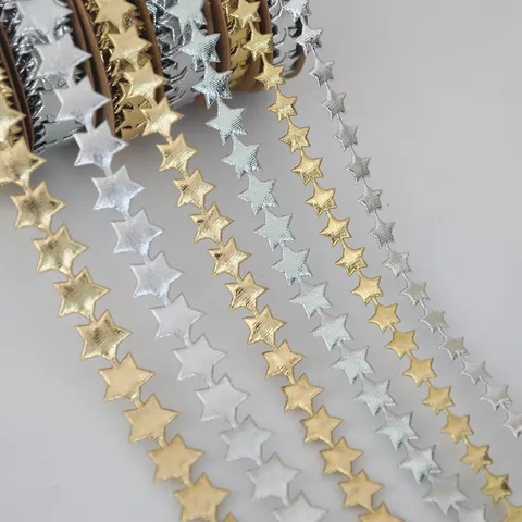 Christmas Tree Star Decorative Ribbon Polyester Metallic Gold Silver Embossed Pentagram Garland For Gift Wrap Floral Arrangement Festive Party Decor