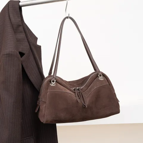 Vintage Nubuck Top Layer Leather Boston Bag Women Frosted Handbag Tassel Shoulder Bag Elegant Commute Ladies Solid Purse