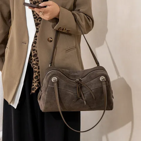 Vintage Nubuck Top Layer Leather Boston Bag Women Frosted Handbag Tassel Shoulder Bag Elegant Commute Ladies Solid Purse