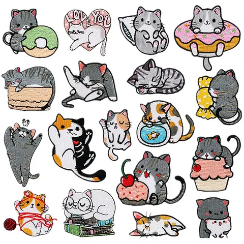 Écussons Brodés Chat Dessin Animé Rayonne à Repasser Applique Badge Pour Enfants Vêtements Sac Décoration Plusieurs Styles d'Animaux DIY Patch à Coudre