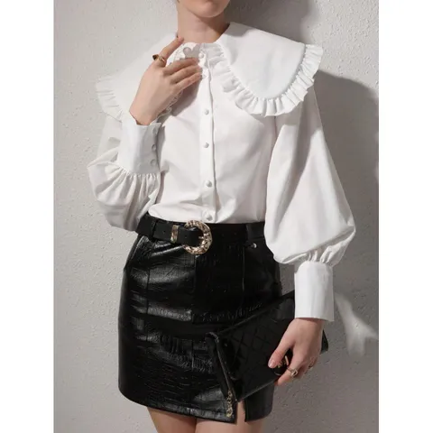 Chemisier Rétro en Mélange de Tencel pour Femmes Col Claudine Élégant avec Volants Manches Lanternes Top Boutonné pour Quotidien
