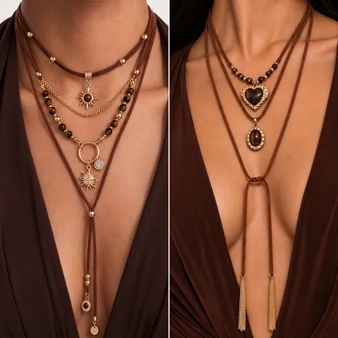 Collar de Cuerda de Terciopelo en Capas Vintage para Mujer Colgante de Corazón y Sol de Aleación Estilo Maillard Joyería de Cuentas Oro Marrón