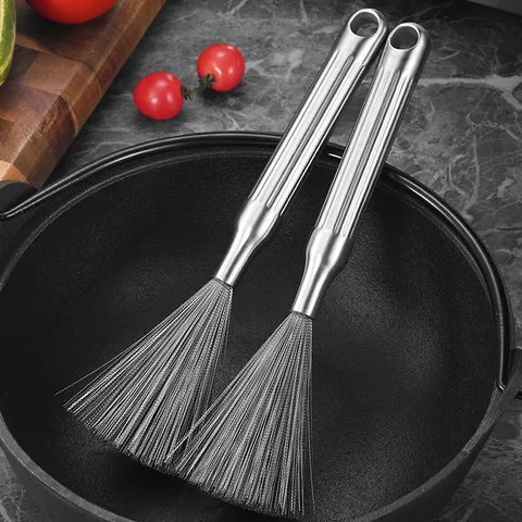 304 Stainless Steel Pot Brush With Long Handle Kitchen Cleaning Scrubber Heavy Duty Metal Wire Brush For Cast Iron Pan Dish Bowl