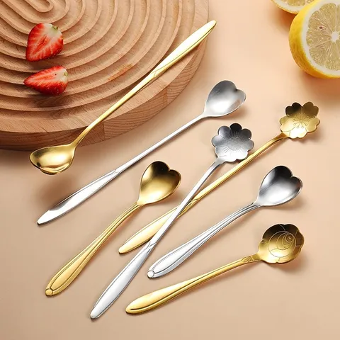 304 Stainless Steel Cherry Blossom Stirring Spoon Mirror Polishing Flower Petal Coffee Dessert Tea Spoon Long Handle