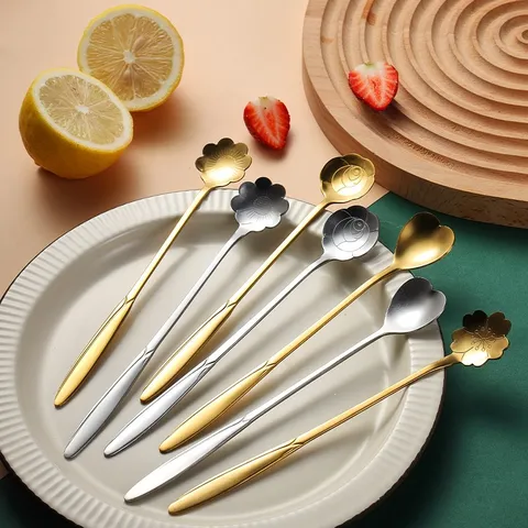 304 Stainless Steel Cherry Blossom Stirring Spoon Mirror Polishing Flower Petal Coffee Dessert Tea Spoon Long Handle