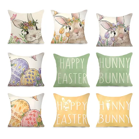 Funda de Almohada de Pascua de Lino de Imitación Estilo Nórdico Estampado de Conejo Huevo Tulipán Funda de Cojín Decorativa para Sofá