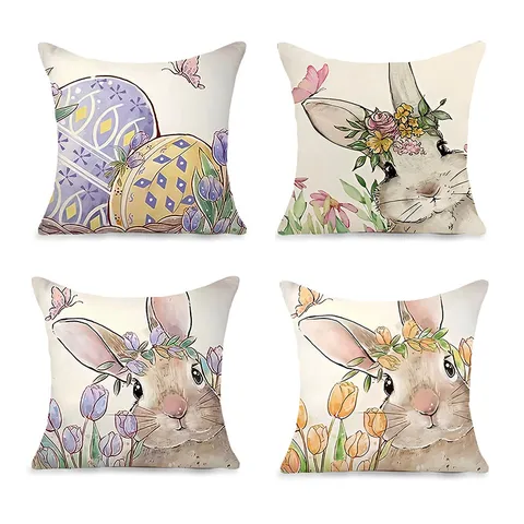 Funda de Almohada de Pascua de Lino de Imitación Estilo Nórdico Estampado de Conejo Huevo Tulipán Funda de Cojín Decorativa para Sofá