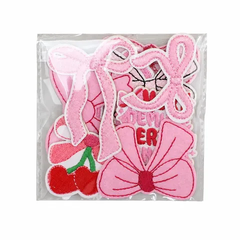 Pink Bowknot Ribbon Embroidery Patches Set Heart Cherry Embroidered Appliques For Clothing Bag DIY Hair Clip Decor Girly Style Iron On Sewing Patches