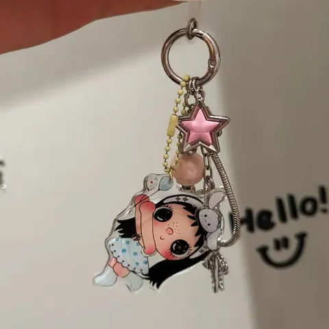 Cute Cartoon Girl Acrylic Keychain Girly Heart Bag Charm Phone Chain Metal Star Beads Pendant Bestie Gift Accessory