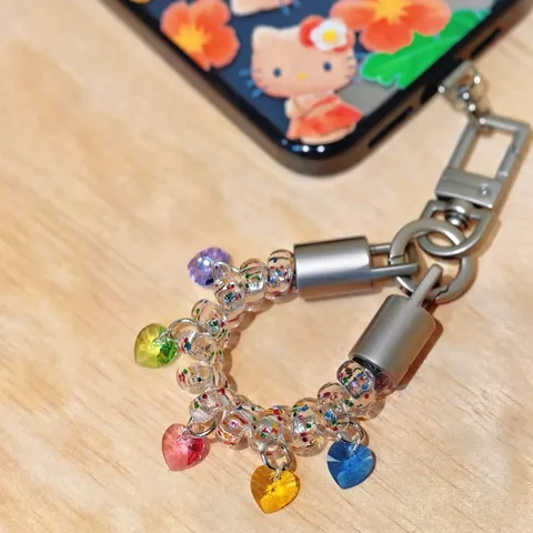 Ins Style Beaded Mobile Phone Chain Colorful Resin Heart Pendant Handmade Phone Strap Keychain For Women Phone Case Decoration Gift