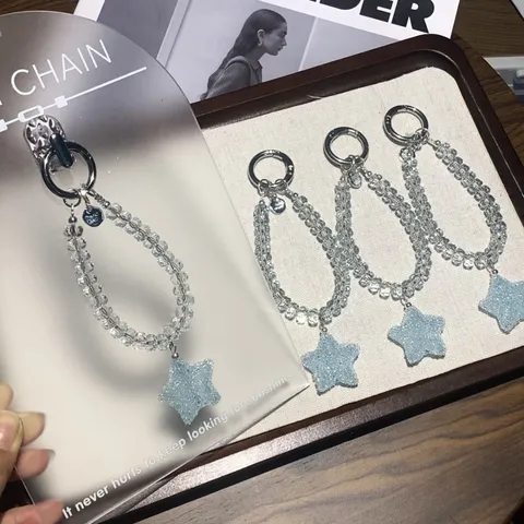 Acrylic Crystal Beaded Phone Strap Anti-Lost Keychain Cute Blue Glitter Star Pendant Niche Design Mobile Phone Charm For Women