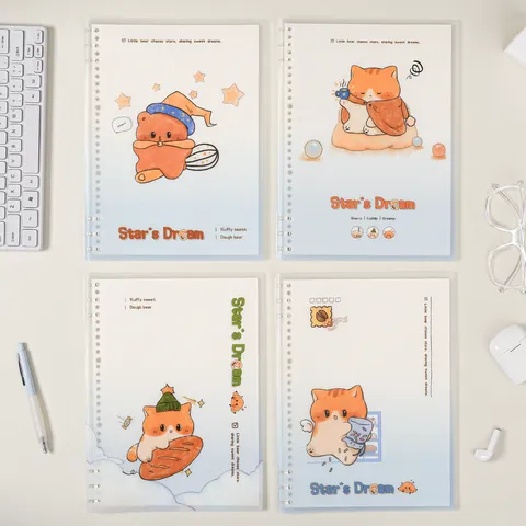 A4 Losbladig Notitieboek Afneembaar 48 Vel Cartoon Beer Kat Patroon PP Omslag Geliniëerd Papier Studenten Kantoorartikelen