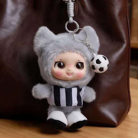 Soccer Player Plush Keychain With Vinyl Face Animal Hat Soft Stuffed Doll For Bag Charm Accessory Sporty Decoration