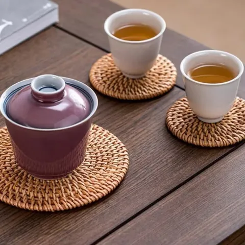Juego de Posavasos de Ratán Hechos a Mano Mantel Individual Tejido Natural Mantel Resistente al Calor para Tetera Tazón Decoración Mesa Comedor Posavasos Redondos Ovalados