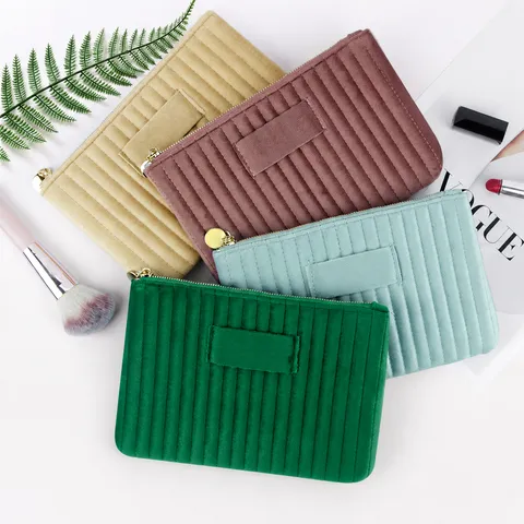 Minimalistische Samt Gestreifte Kosmetiktasche Für Damen Multifunktionale Tragbare Kulturtasche Reise Make-up Beutel Gold Reißverschluss