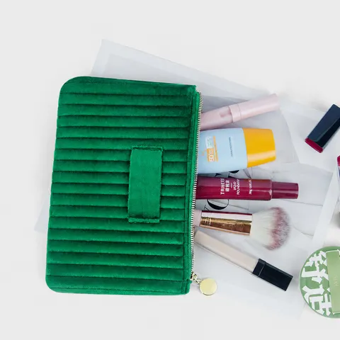 Minimalistische Samt Gestreifte Kosmetiktasche Für Damen Multifunktionale Tragbare Kulturtasche Reise Make-up Beutel Gold Reißverschluss