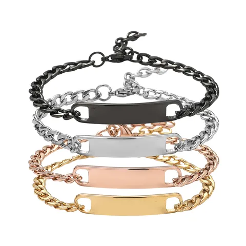 Stainless Steel ID Plate Bracelet For Men Women DIY Custom Engraving Curved Bar Cuban Link Chain Personalized Jewelry Gift