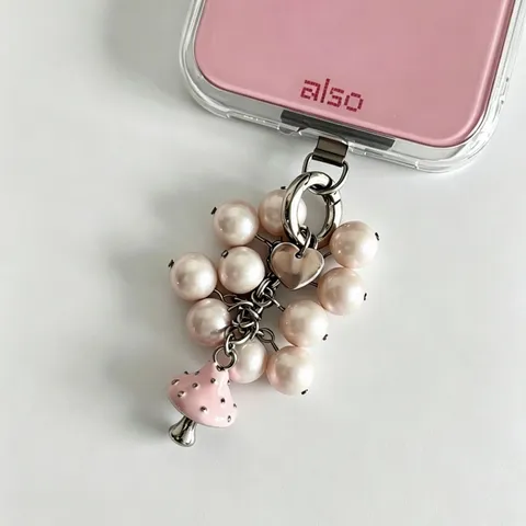 Handmade Mushroom Grape Pearl Phone Charm Acrylic Cute Keychain For Bags Keys Women Girly Gift Heart Pendant Accessories